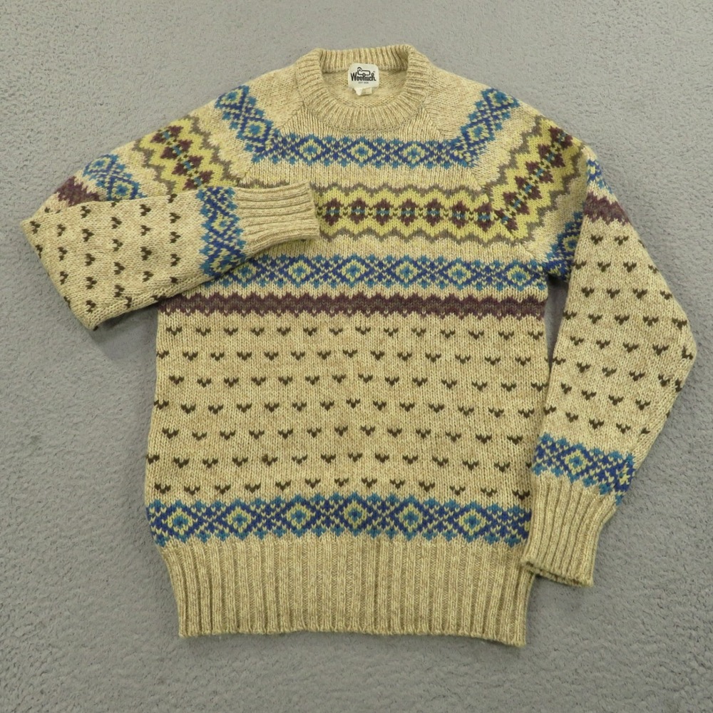 VINTAGE Woolrich Sweater Men Medium Wool Fair Isle Pullover Chunky Birdseye Knit